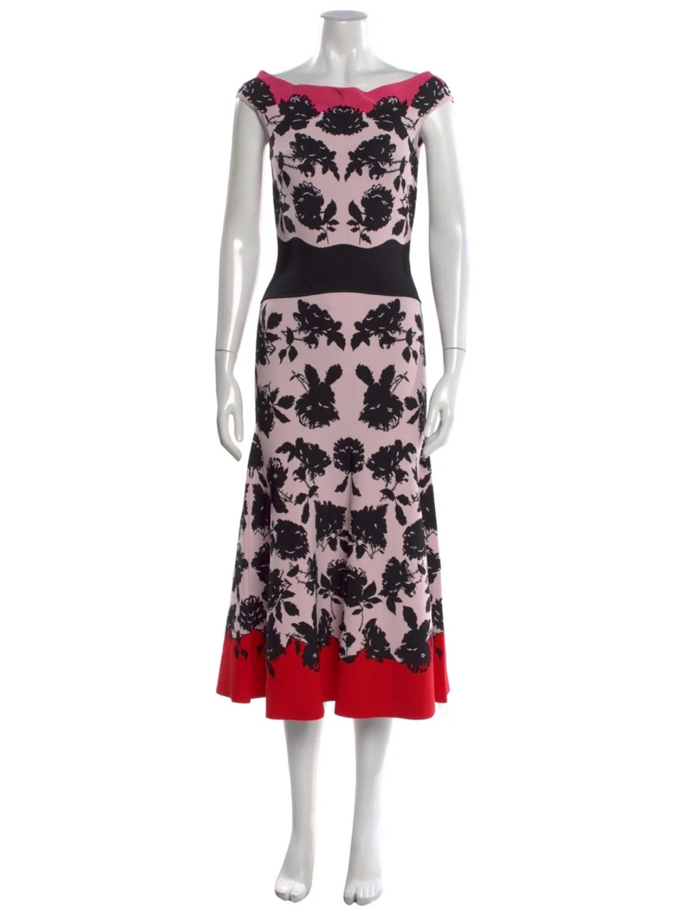McQ by Alexander McQueen Pink and Black Floral Midi Dress with Red Trim